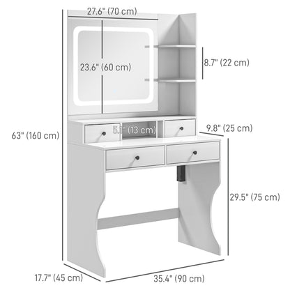 Dressing Table with Lighted Mirror, Vanity Table with Charging Station, USB Ports, Drawers, Storage Shelves, White Dressing & Vanity Tables   at Gallery Canada