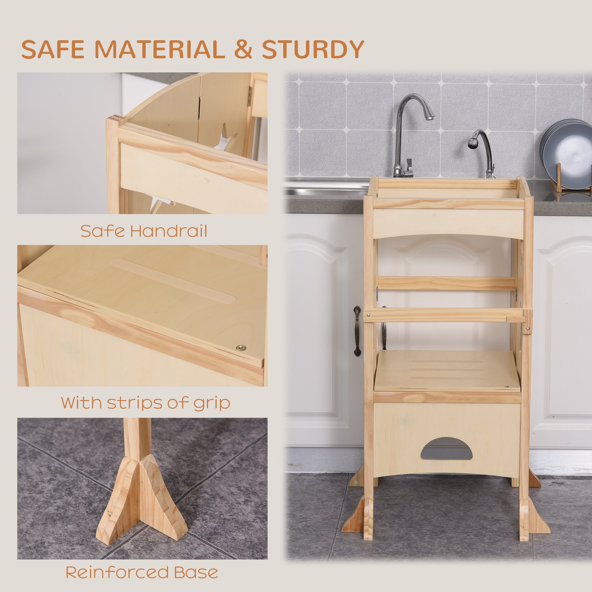 Folding Toddler Tower, Kitchen Helper Step Stool with Support Handles, Safety Rail and Non-Slip Strips, for Kids Washroom Dining Room Learning, Natural Toddler & Kids Step Stools at Gallery Canada