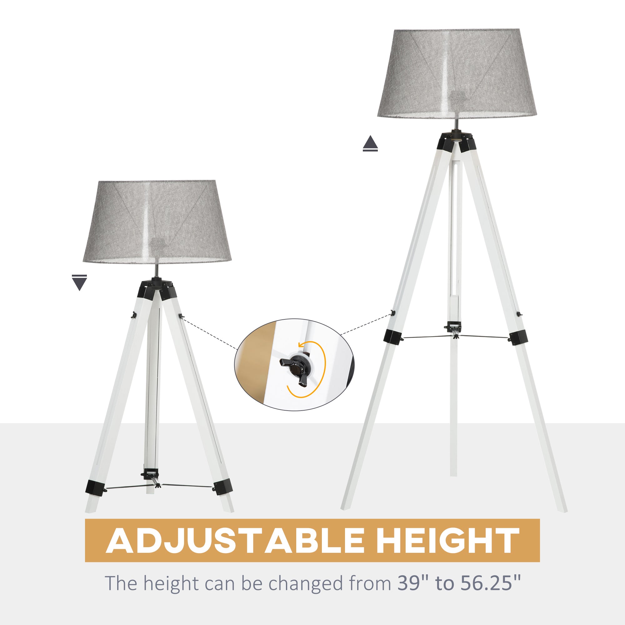 Tripod Floor Lamp, Adjustable Height Wooden Standing Lamp with E26 Lamp Base for Living Room, Bedroom, White and Grey Floor Lamps & Ceiling Fan Lights at Gallery Canada