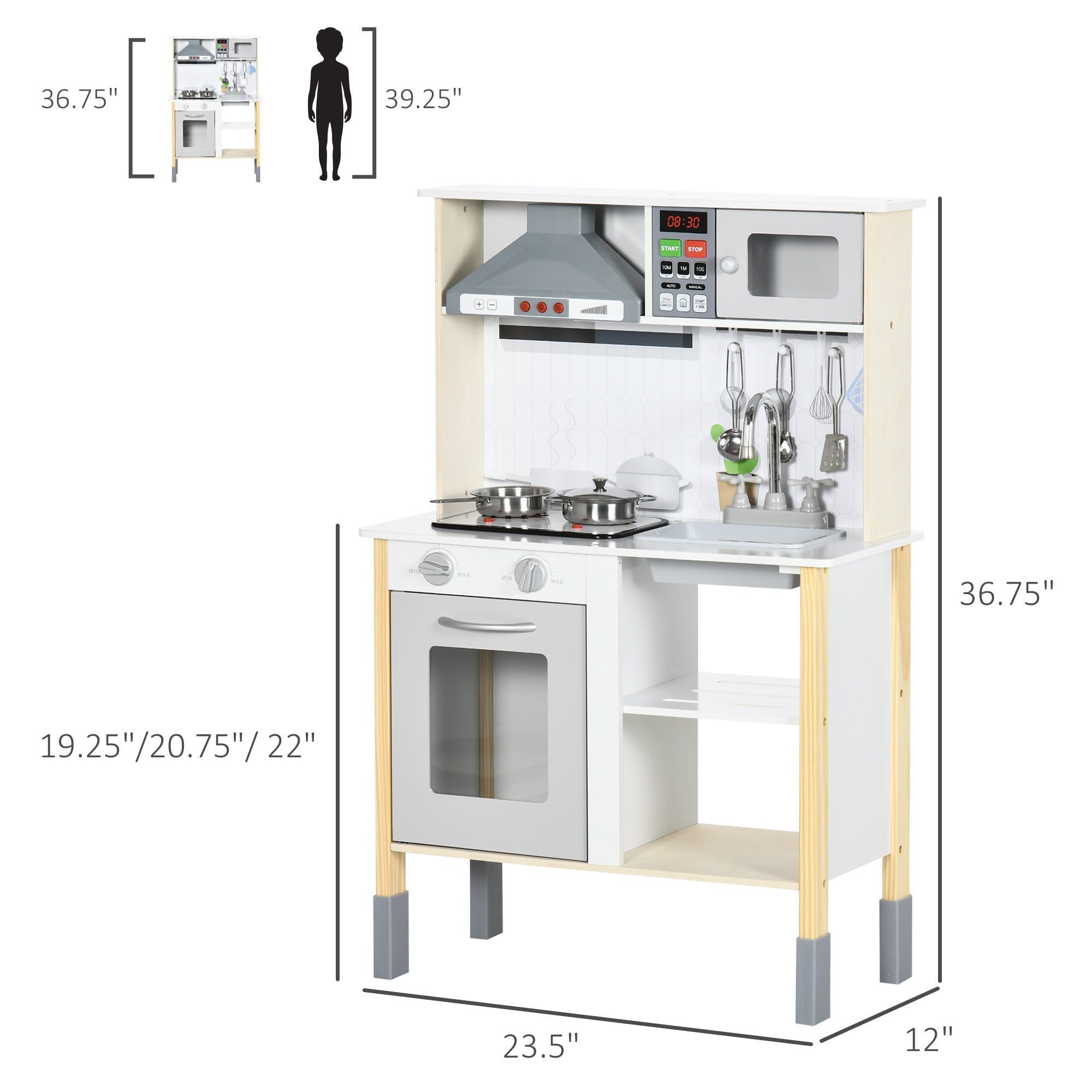 Adjustable Wooden Play Kitchen with Lights, Sounds, Microwave, Accessories, White Play Kitchen   at Gallery Canada