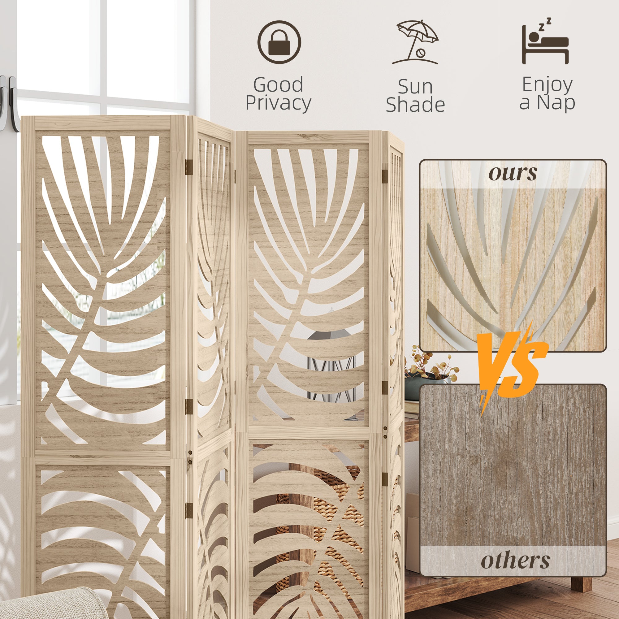 4 Panel Room Divider, Detachable Folding Privacy Screens with Palm Leaf Design for Home Office, Natural Wood Finish Room Dividers at Gallery Canada
