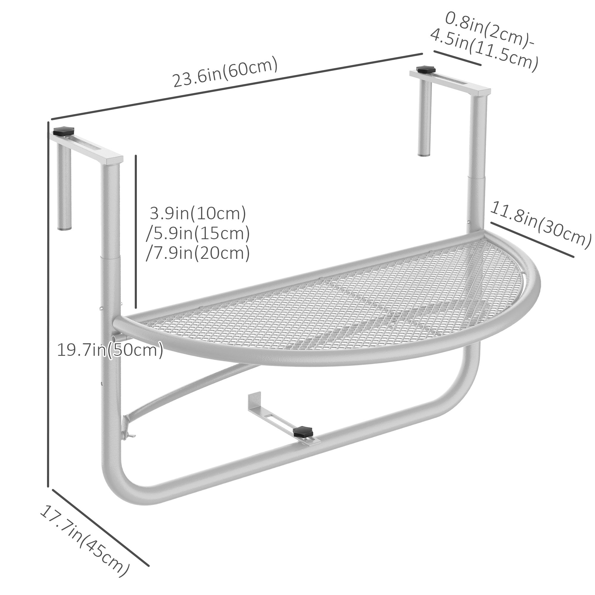 Adjustable Balcony Hanging Railing Table, Metal Mounting Mini Wall Desk Storage Rack, Outdoor Flower Stand Serving Table Half Round, White Balcony Table Hanging at Gallery Canada