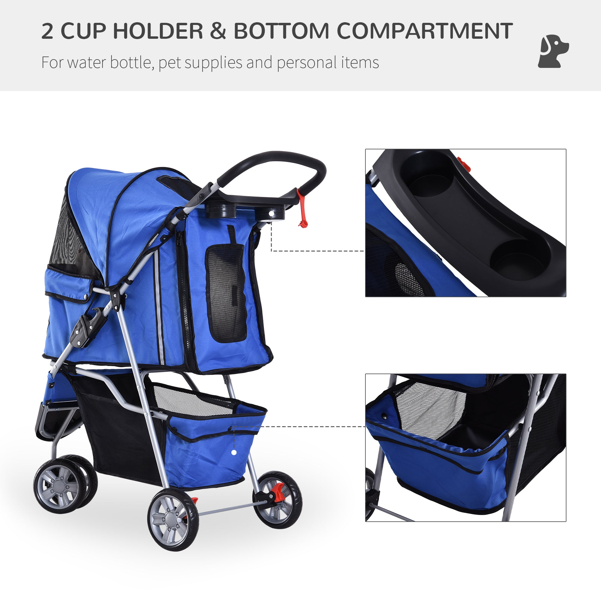 3 Wheels Foldable Dog Stroller with Storage Basket, Adjustable Canopy, Cupholder for Miniature and Small Dogs, Blue Dog Bike Trailers & Strollers at Gallery Canada