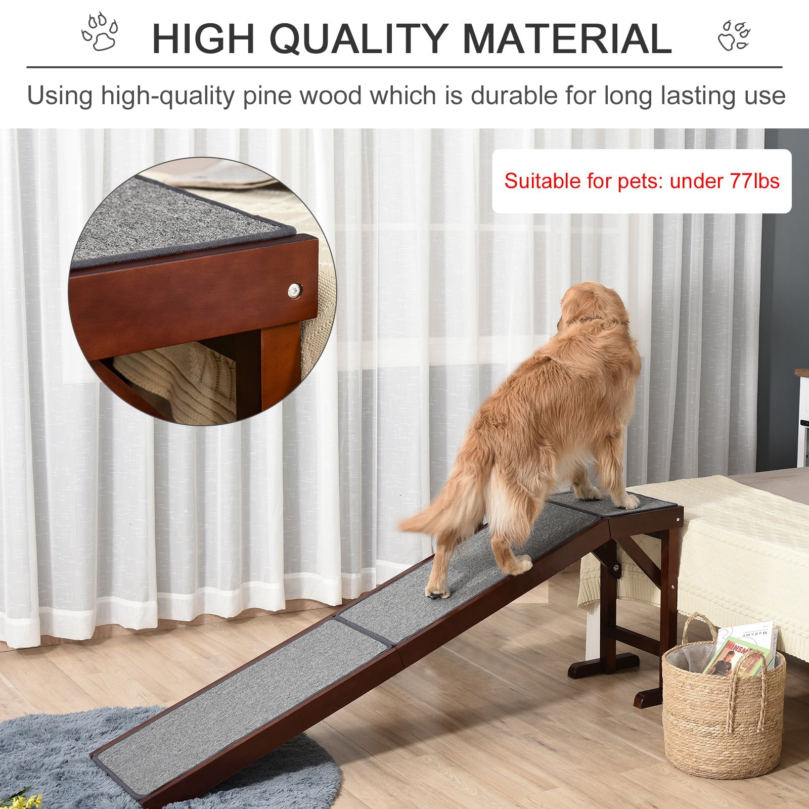 Pet Ramp Bed Steps for Dogs Cats Non-slip Carpet Top Platform Pine Wood 74