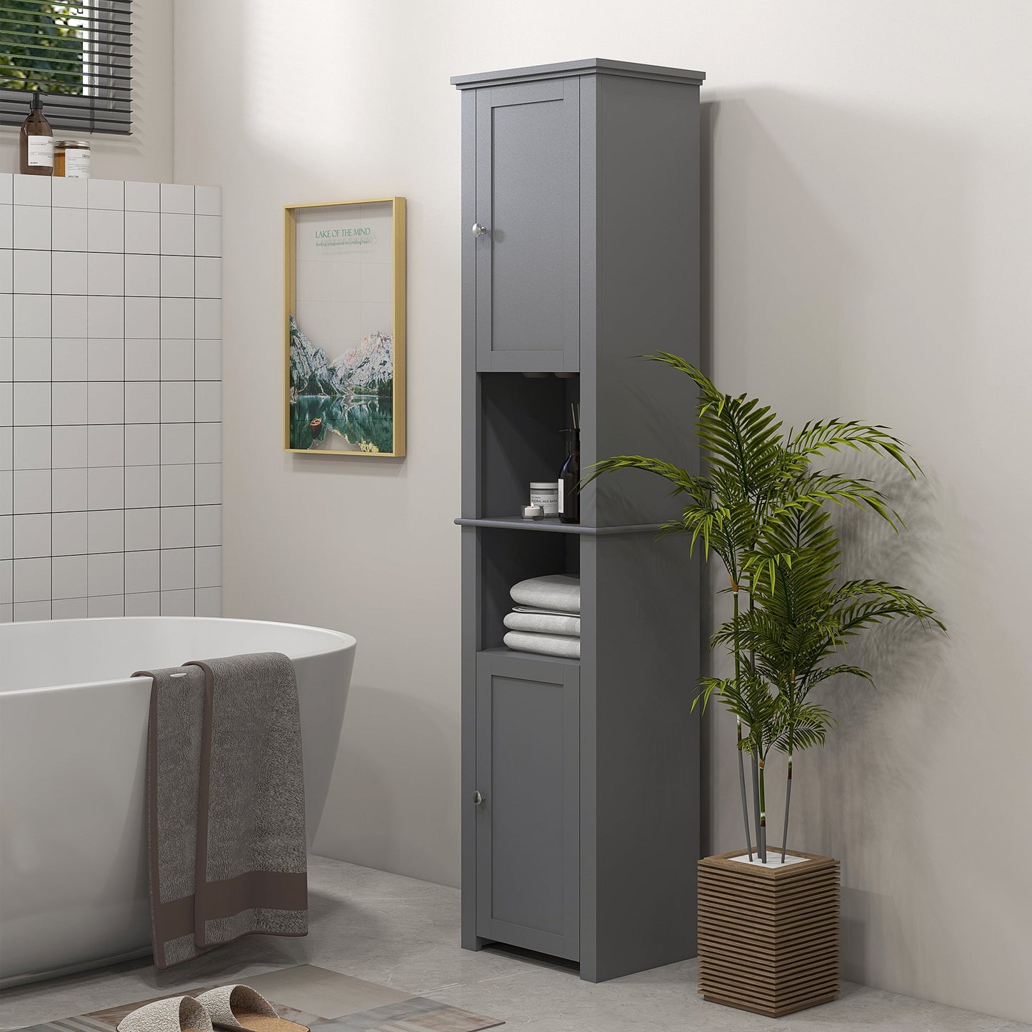 Tall Bathroom Cabinet, Freestanding Linen Cabinet with Open Shelves and 2 Cupboards, Narrow Storage Cabinet, Grey Bathroom Cabinets   at Gallery Canada