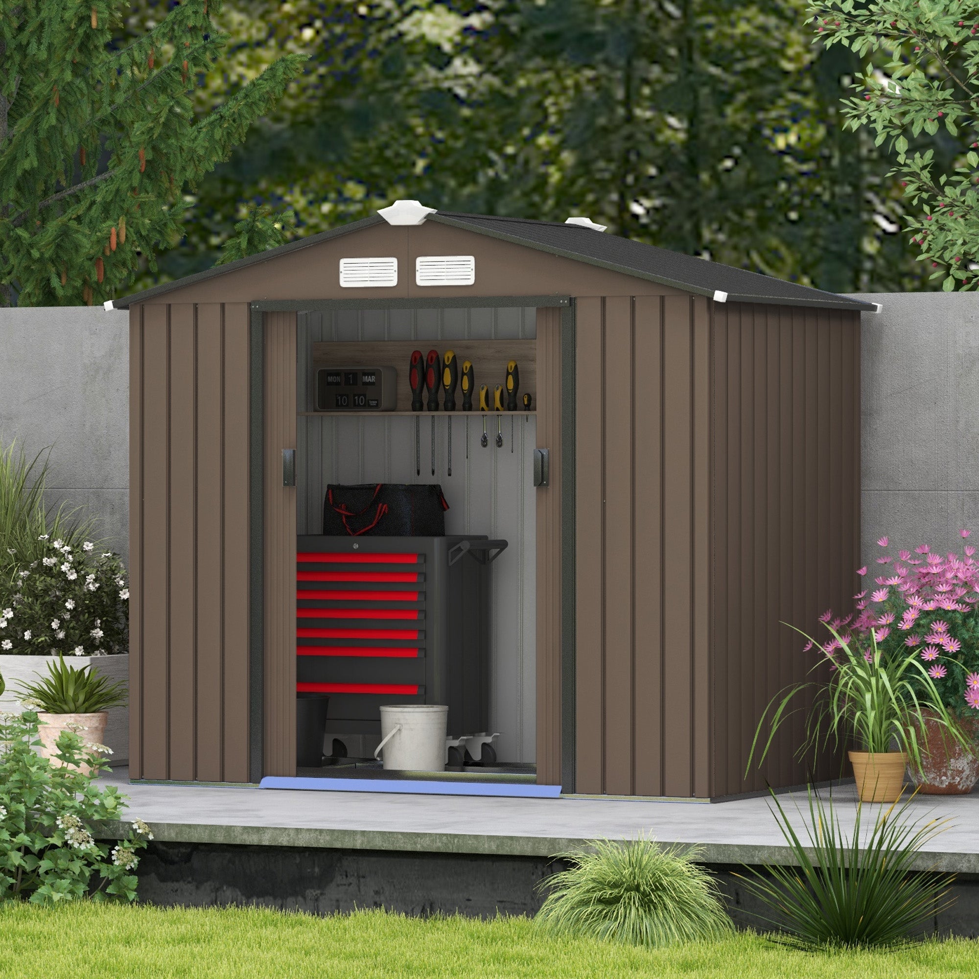 7' x 4' x 6' Garden Storage Shed Outdoor Patio Metal Tool Storage House w/ Foundation Kit and Double Doors Brown Sheds   at Gallery Canada