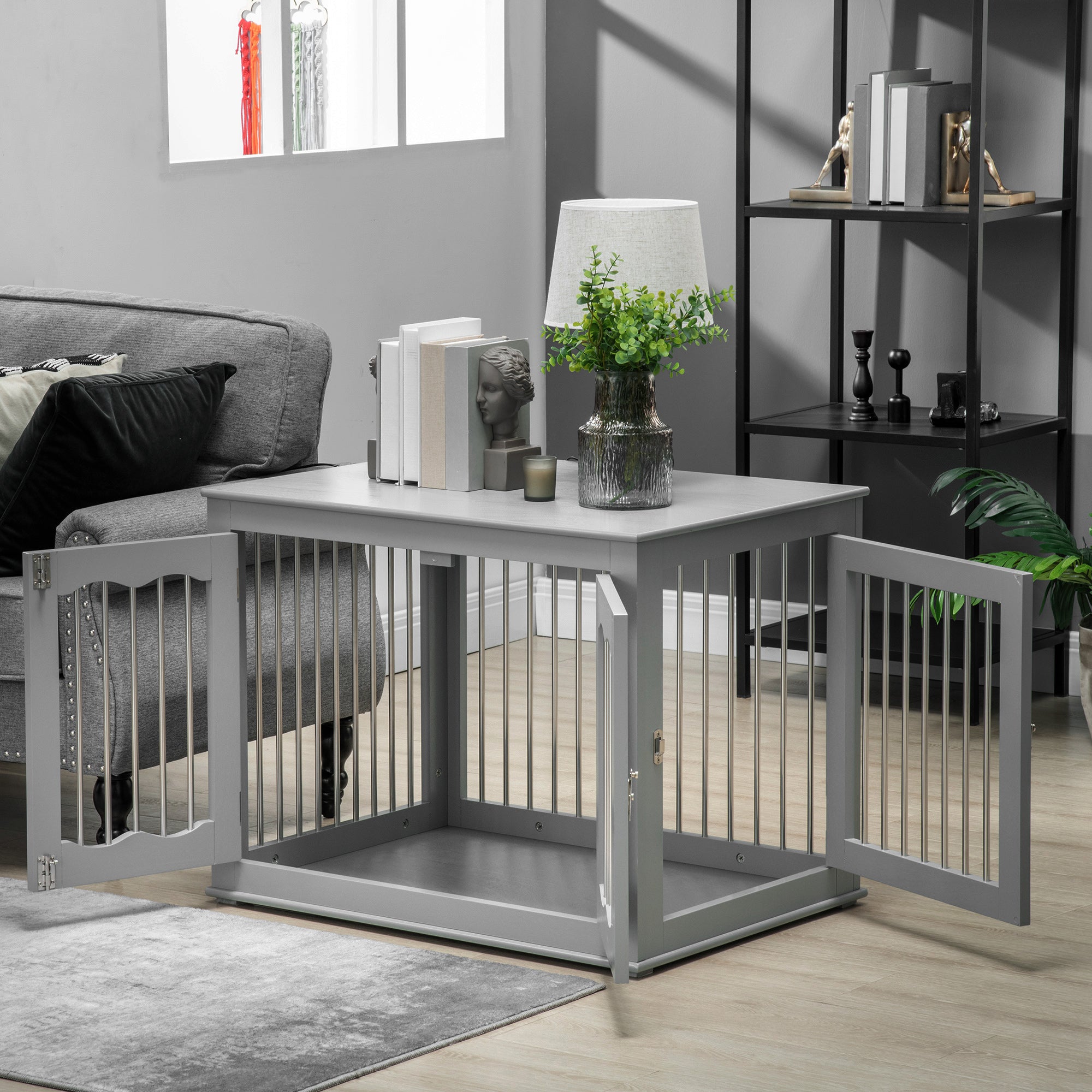 Dog Crate Furniture, Dog Kennel with Three Doors, Locks and Latches, Indoor Use, for Medium Dogs, Grey Houses, Kennels & Pens at Gallery Canada