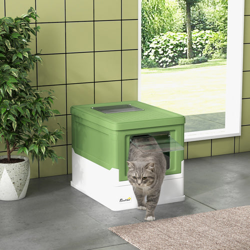 Top Entry Enclosed Kitty Litter Box with Scoop, Tray, Front Entry, Large Space, Foldable, Portable, Dark Green