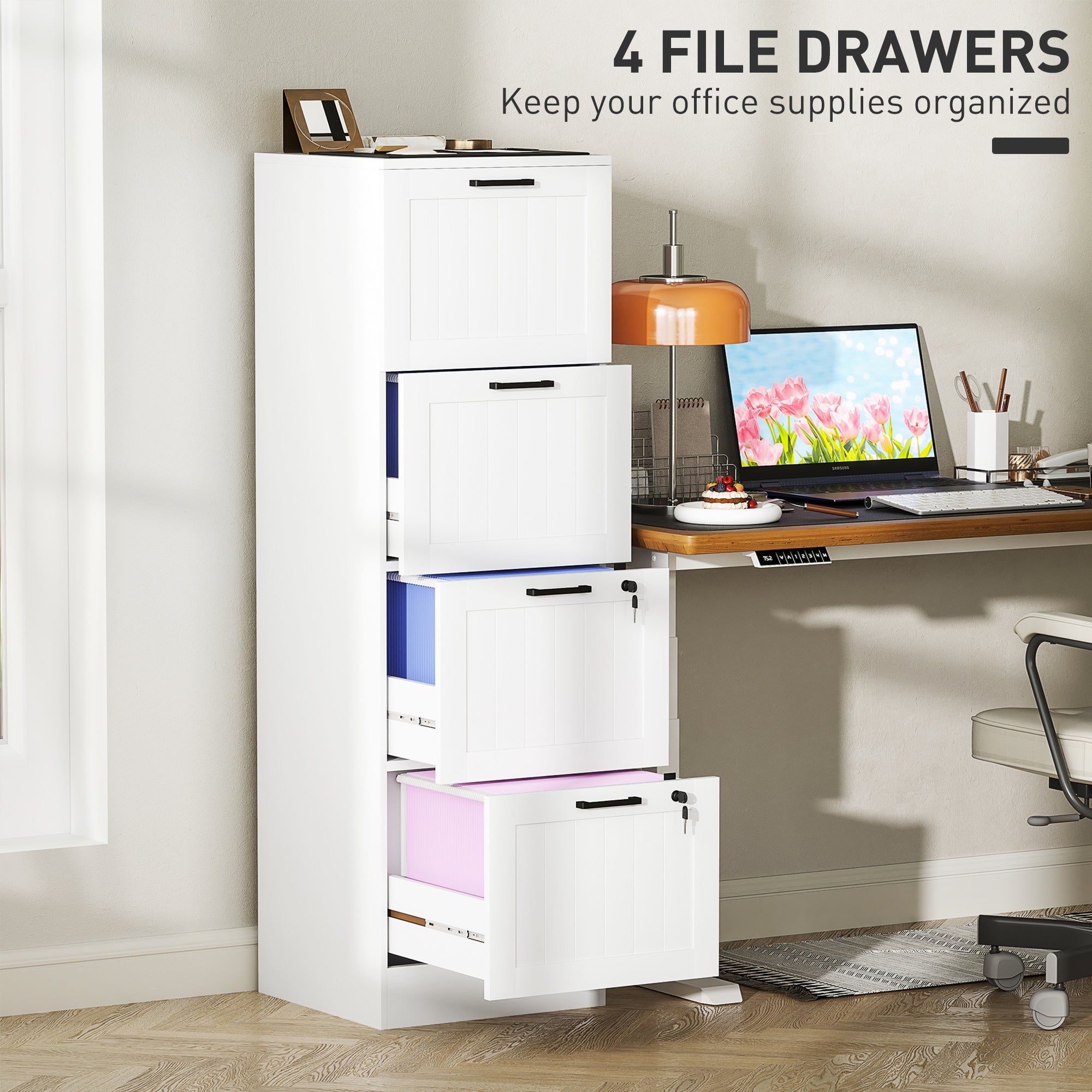 4 Drawer Filing Cabinet with Lock, Office Storage Cabinet with Adjustable Hanging Bars for A4 Letter Size Files, White Office Cabinets & Cupboards at Gallery Canada