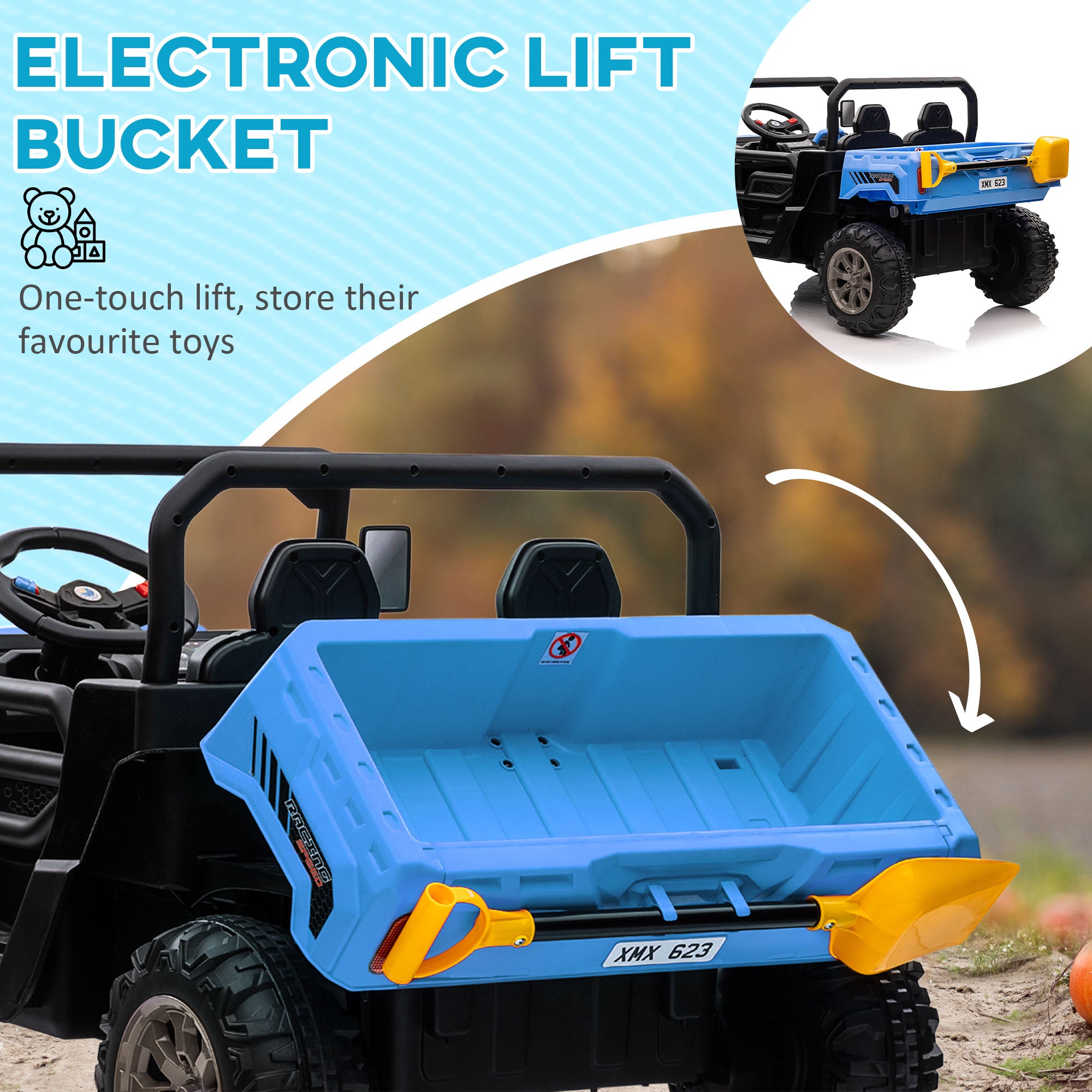 12V Ride on Car with Electric Bucket, Two-Seater, Shovel, Remote Control, Spring Suspension, Horn, Music, Blue Electric Toy Cars   at Gallery Canada