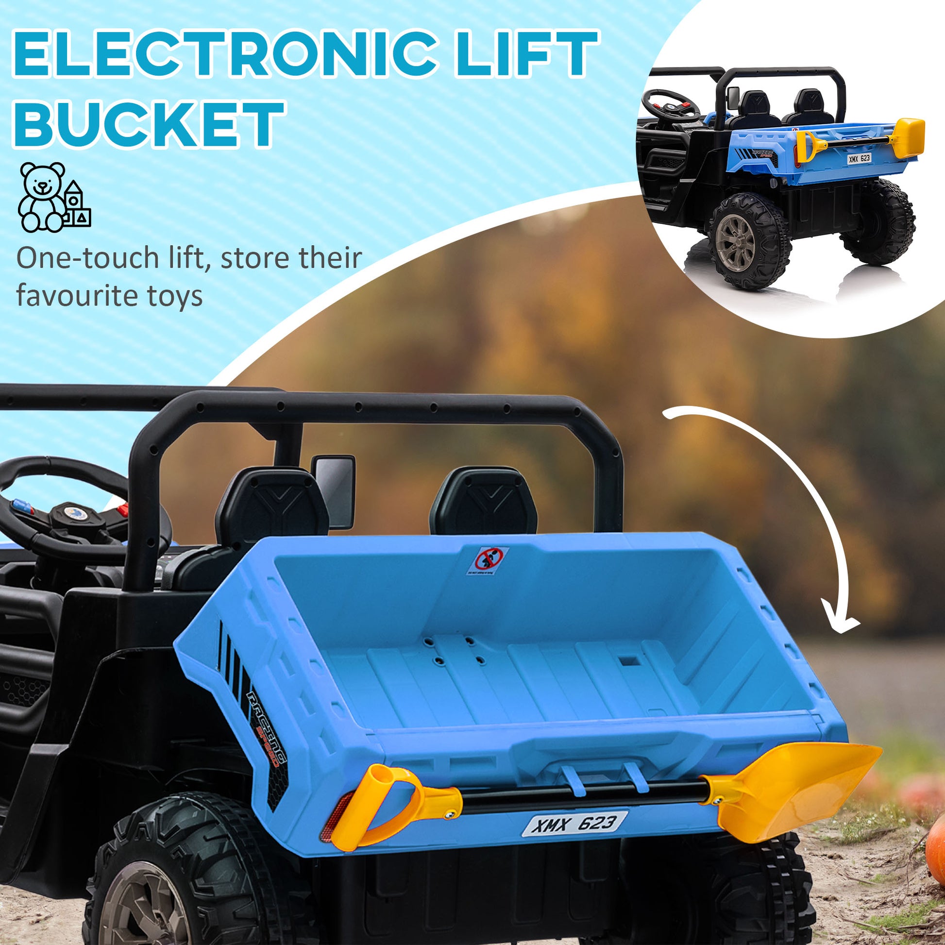 12V Ride on Car with Electric Bucket, Two-Seater, Shovel, Remote Control, Spring Suspension, Horn, Music, Blue Electric Toy Cars   at Gallery Canada