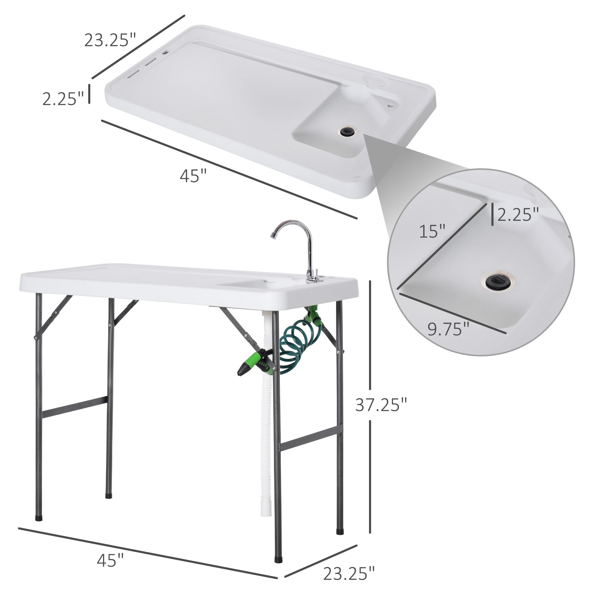 Folding Table Fish Table Cleaning Wash Table with Sink, Faucet and Spray Cleaner for BBQ Camping Picnic Garden 45