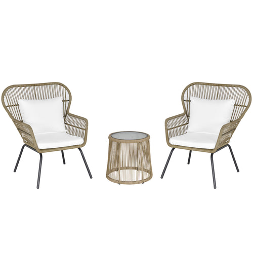 3 Pieces Wicker Patio Furniture Set, Rattan Bistro Set with Coffee Table and Cushions, Outdoor Conversation Set for Garden, Porch, Balcony, Coffee and White