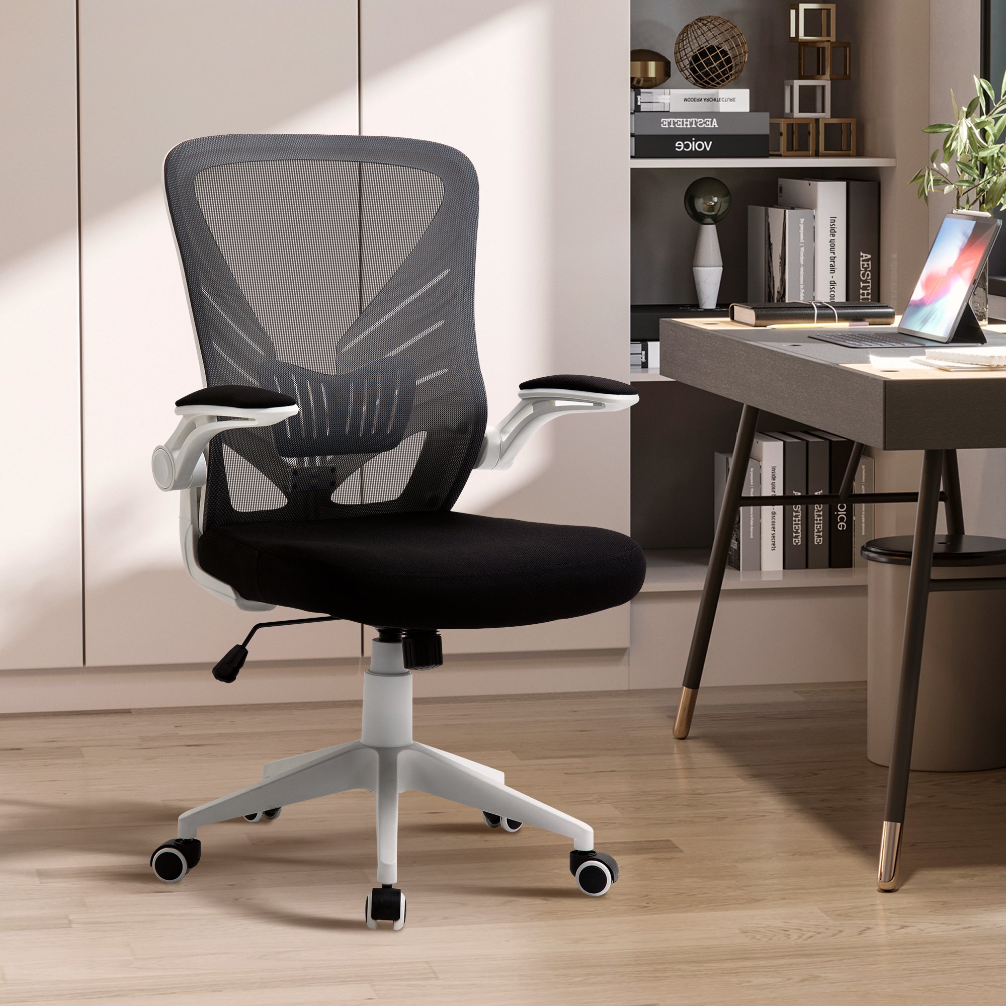 Mesh Office Chair Swivel Task Desk Chair with Lumbar Back Support, Flip-Up Arm, Adjustable Height, Grey Black Task Chairs   at Gallery Canada