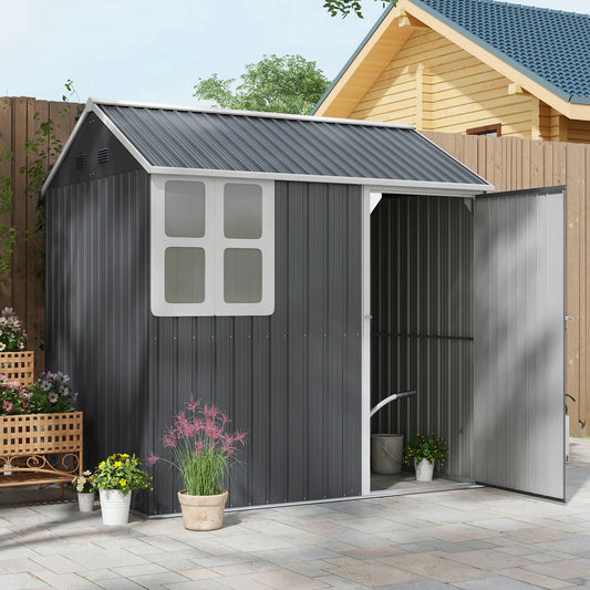 7' x 5.5' Metal Garden Storage Shed, Outdoor Tool Storage House with Lockable Door, Vents, Sloped Roof, Dark Grey - Gallery Canada