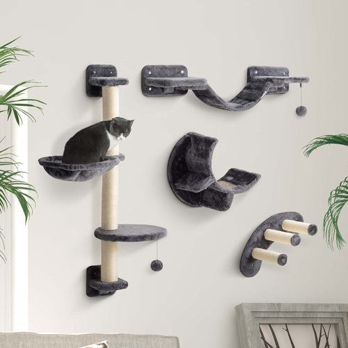 Cat Wall Shelf with Scratching Post, Play Balls, Platforms, Dark Grey
