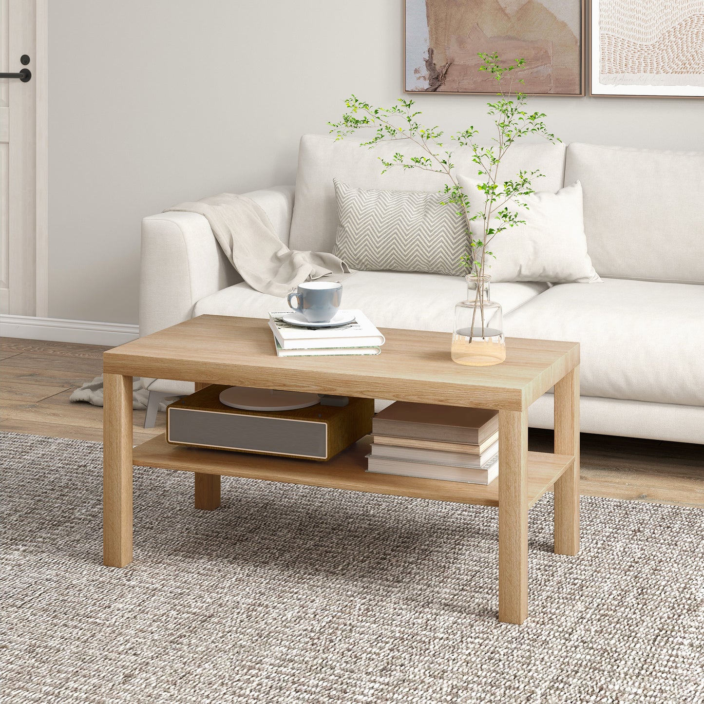 2 Tier Coffee Table with Storage Shelf, Rectangular Center Table for Living Room, Home Office Furniture Nature Wood Coffee Tables Natural  at Gallery Canada