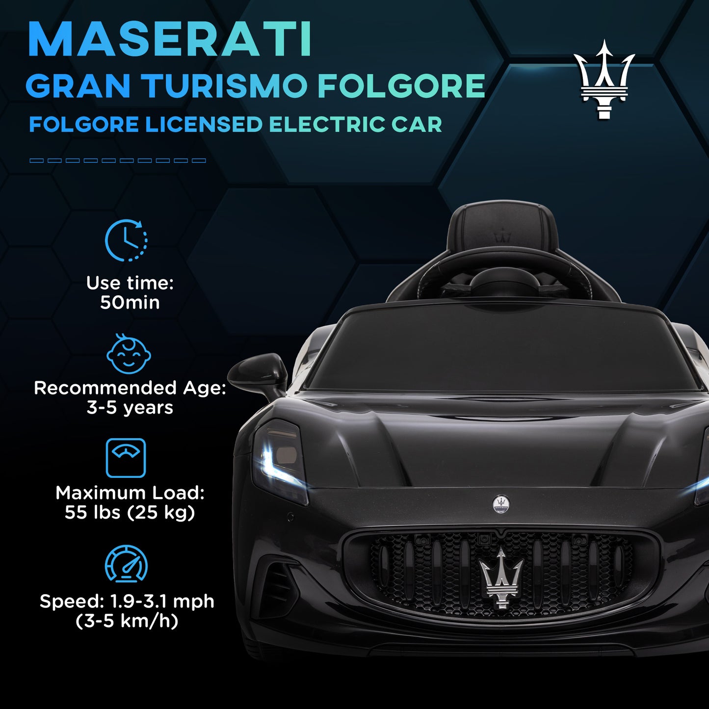 12V Maserati Gran Turismo Licensed Kids Electric Car w/ Remote Control, Soft Start, LED Lights, Music, Horn, MP3, Black Electric Toy Cars   at Gallery Canada