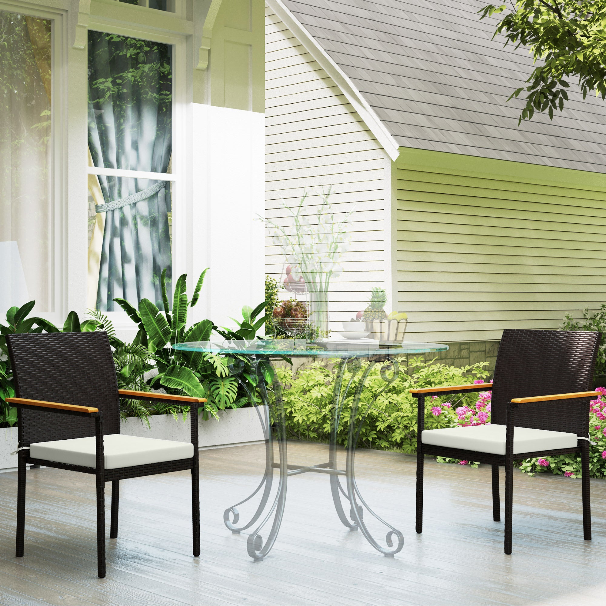 Stackable Wicker Patio Chairs Set of 2 with Removable Cushion, Armrest for Garden, Porch, Yard, Cream White Patio Chairs at Gallery Canada