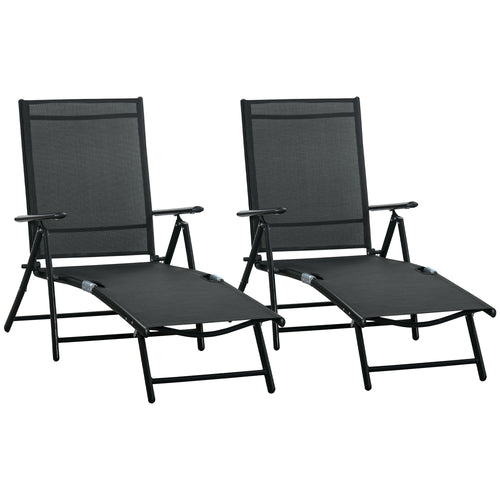 Outdoor Set of 2 Lounge Chair, Folding Reclining Garden Sun Lounger with Metal Frame, Adjustable Backrest for Patio, Deck, and Poolside, Black