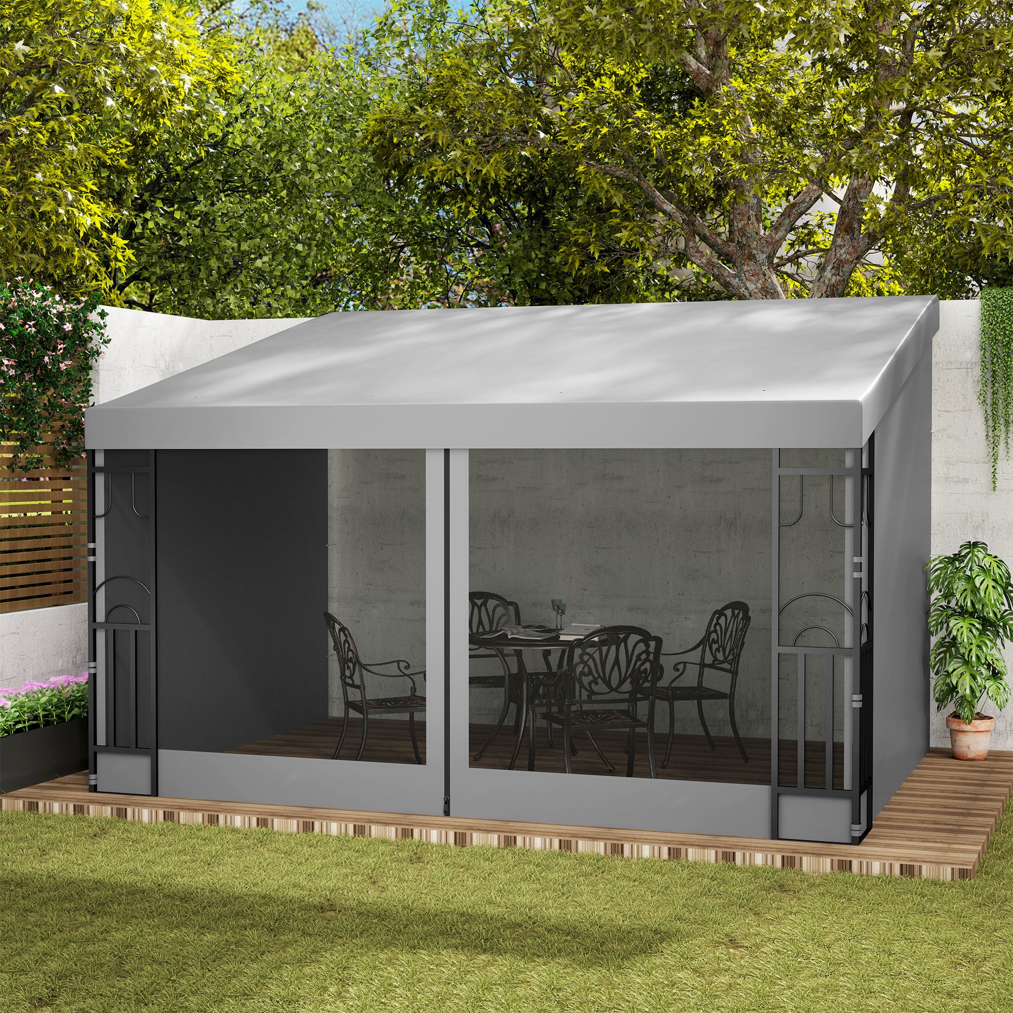 10' x 13' Wall Pergola, Outdoor Gazebo with 2 Curtains and 2 Nettings, UV Resistant, for Patio, Deck, Light Grey Pergolas at Gallery Canada
