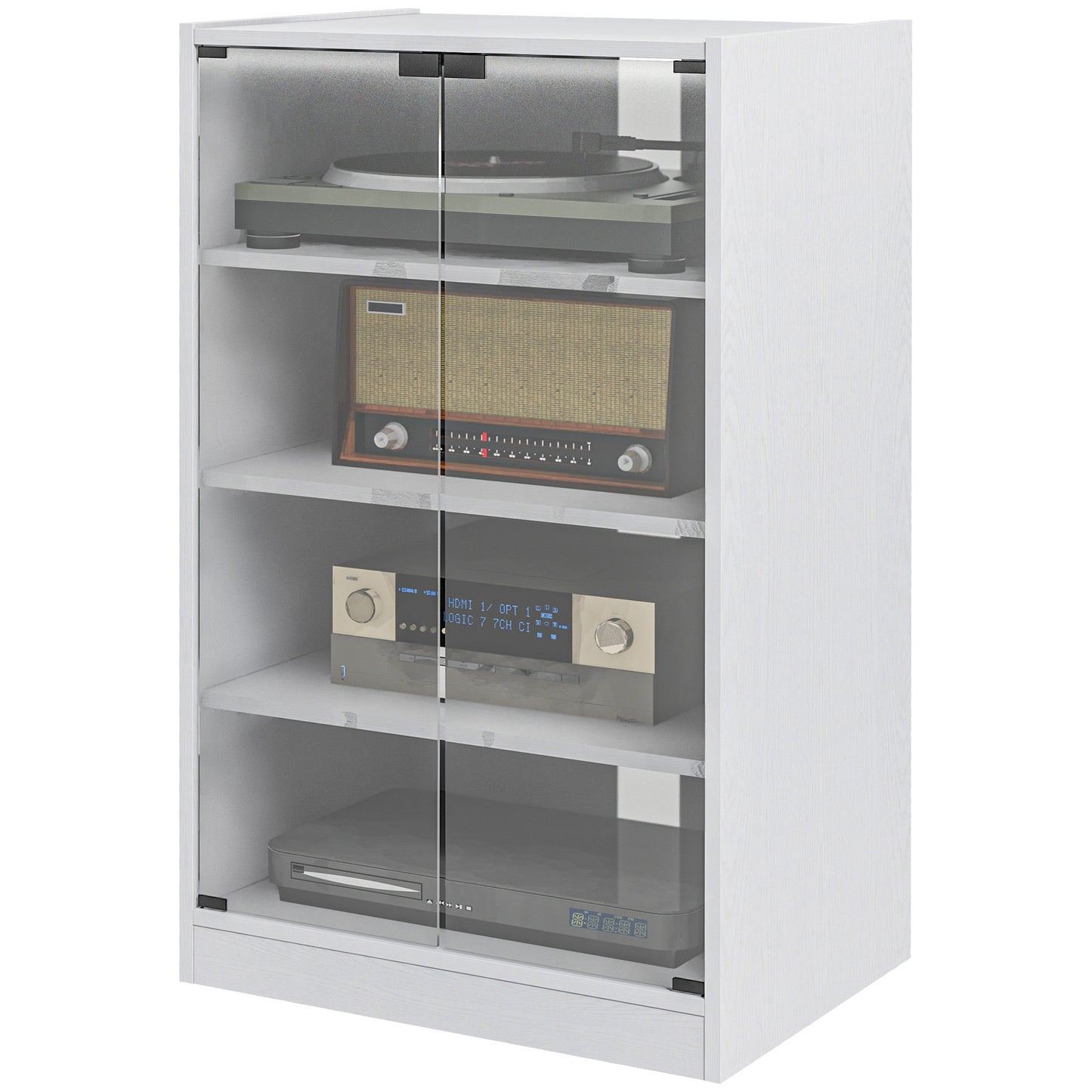 5-Tier Media Cabinet, Media Stand with Adjustable Shelves, Tempered Glass Doors, and Cable Management, Distressed White Storage Cabinets   at Gallery Canada