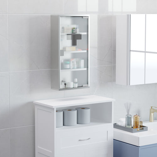 Wall Mount Medicine Cabinet, Bathroom Cabinet with 4 Tier Shelves, Stainless Steel Frame and Glass Door, Lockable with 2 Keys, Silver, 12
