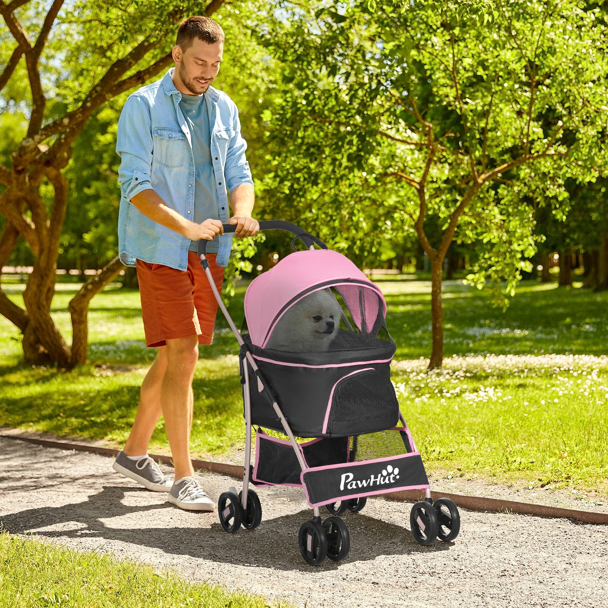 4 Wheels Pet Stroller, 3 in 1 Dog Cat Travel Folding Carrier, for Small Dogs, Detachable, w/ Brake, Canopy, Basket, Storage Bag - Pink Dog Bike Trailers & Strollers at Gallery Canada