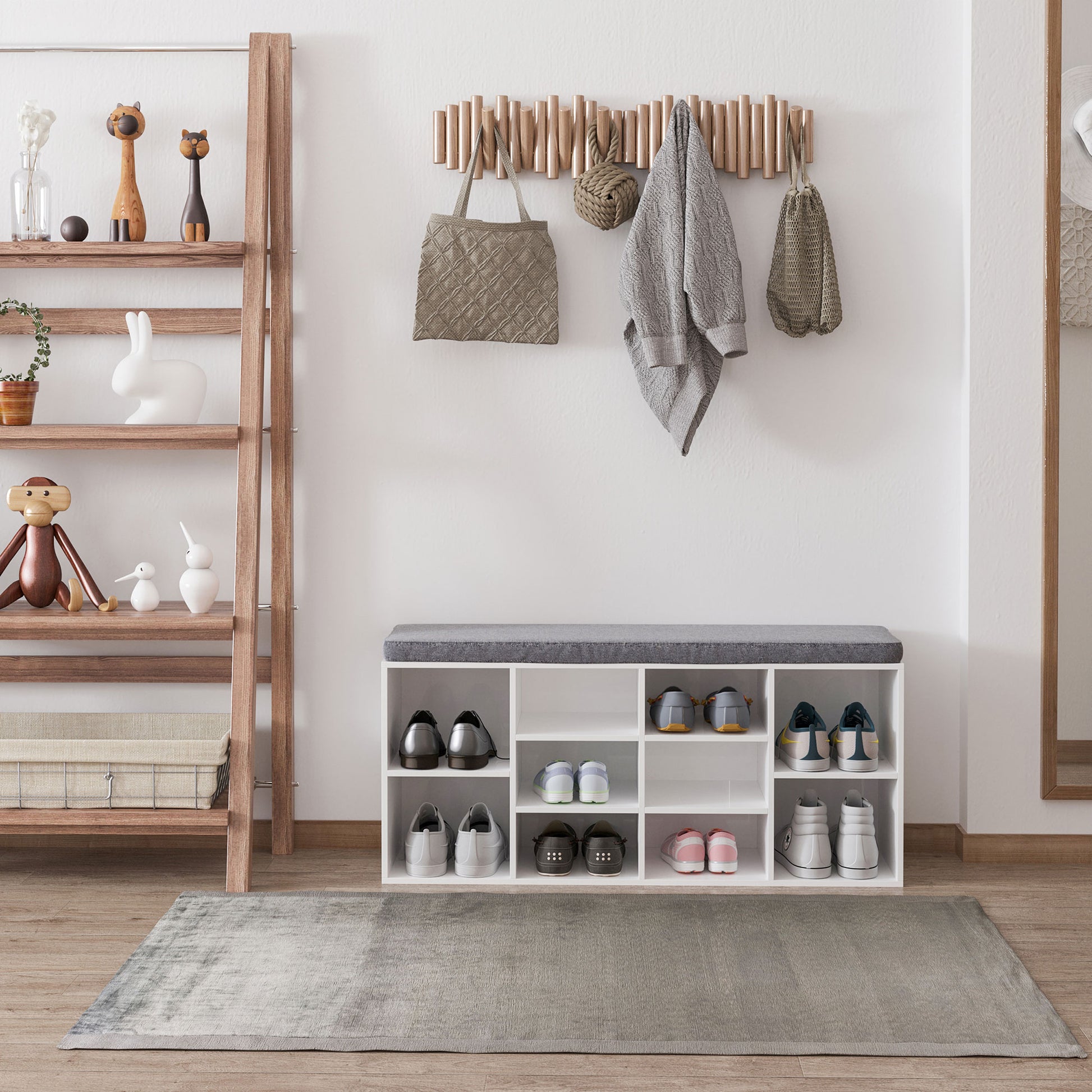 Shoe Bench with Storage, Upholstered Entryway Bench with Adjustable Shelves, Cushion for Living Room, Hallway, White Shoe Storage Cabinets & Racks White at Gallery Canada