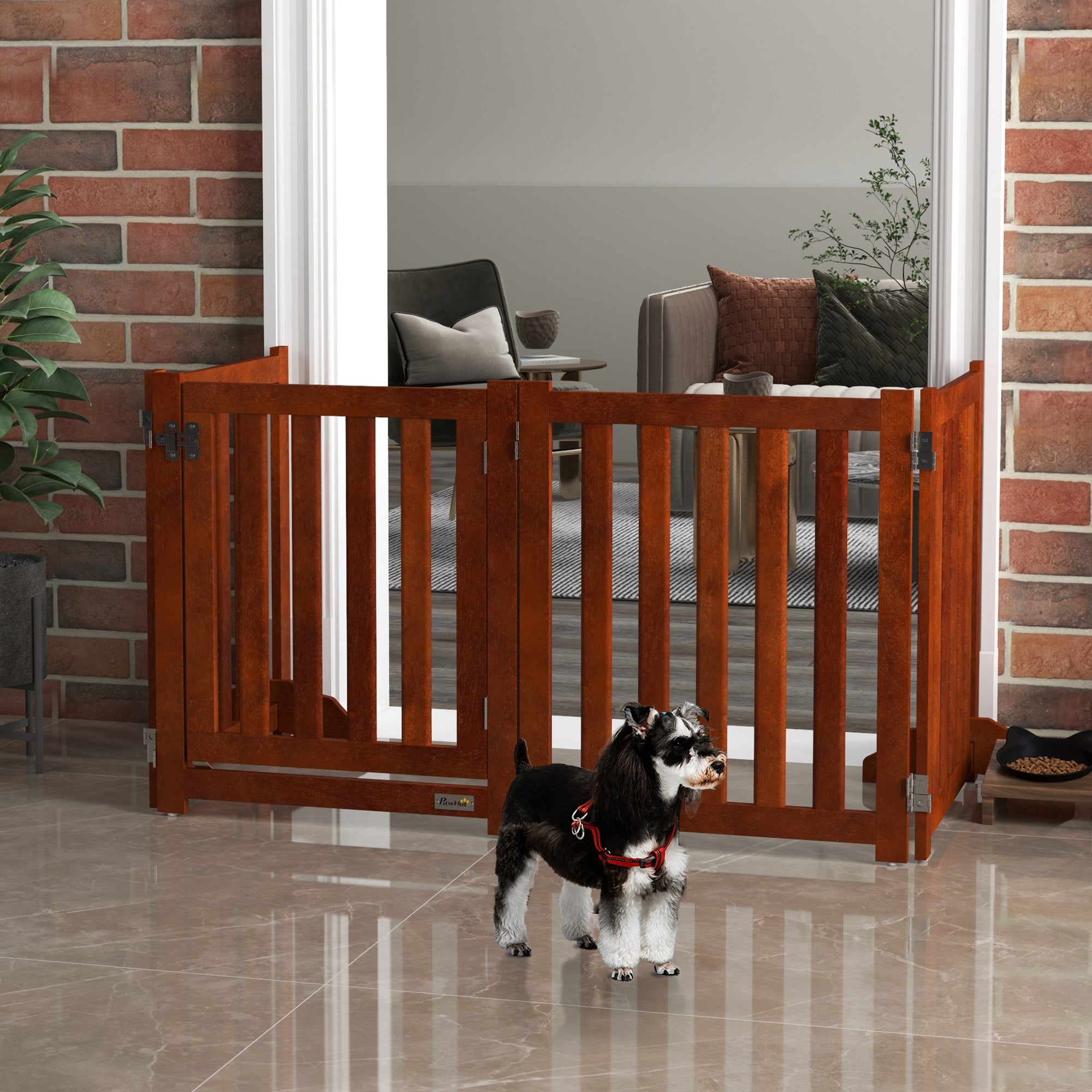 Foldable Dog Gate with Door, 4 Panels Fressstanding Pet Gate, Brown Houses, Kennels & Pens Brown  at Gallery Canada