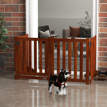 Foldable Dog Gate with Door, 4 Panels Fressstanding Pet Gate, Brown Houses, Kennels & Pens Brown  at Gallery Canada