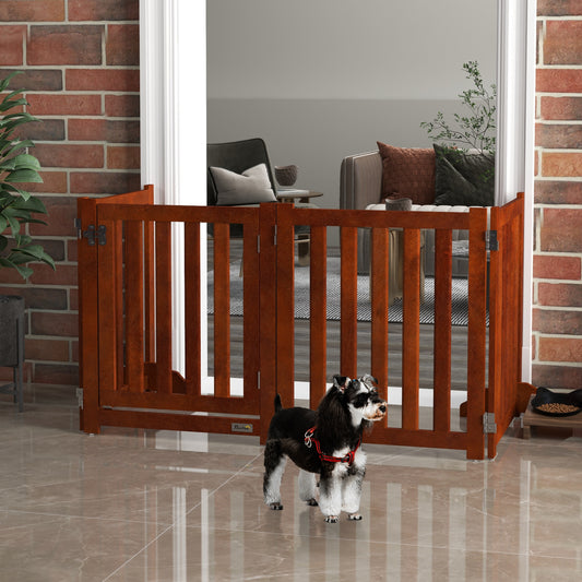 Foldable Dog Gate with Door, 4 Panels Fressstanding Pet Gate, Brown Houses, Kennels & Pens   at Gallery Canada