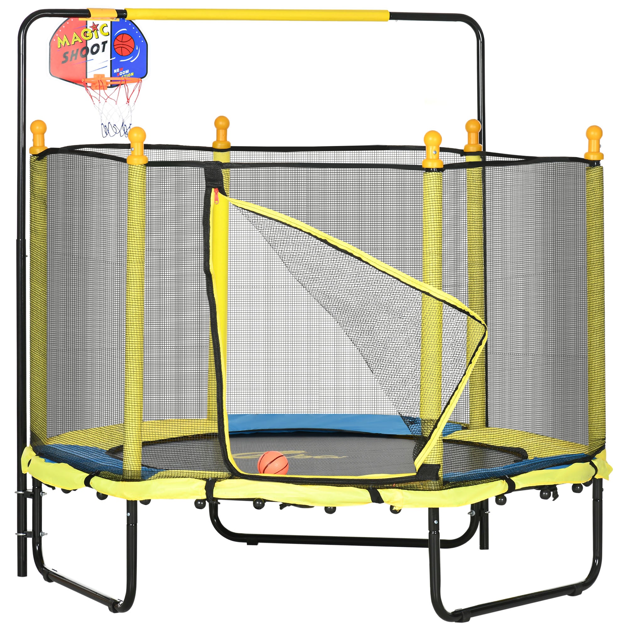 4.6ft Kids Trampoline with Basketball Hoop, Horizontal Bar with Net for Children Ages 3-10, Yellow Trampolines Yellow, Black, Blue at Gallery Canada