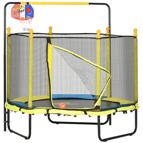 4.6ft Kids Trampoline with Basketball Hoop, Horizontal Bar with Net for Children Ages 3-10, Yellow