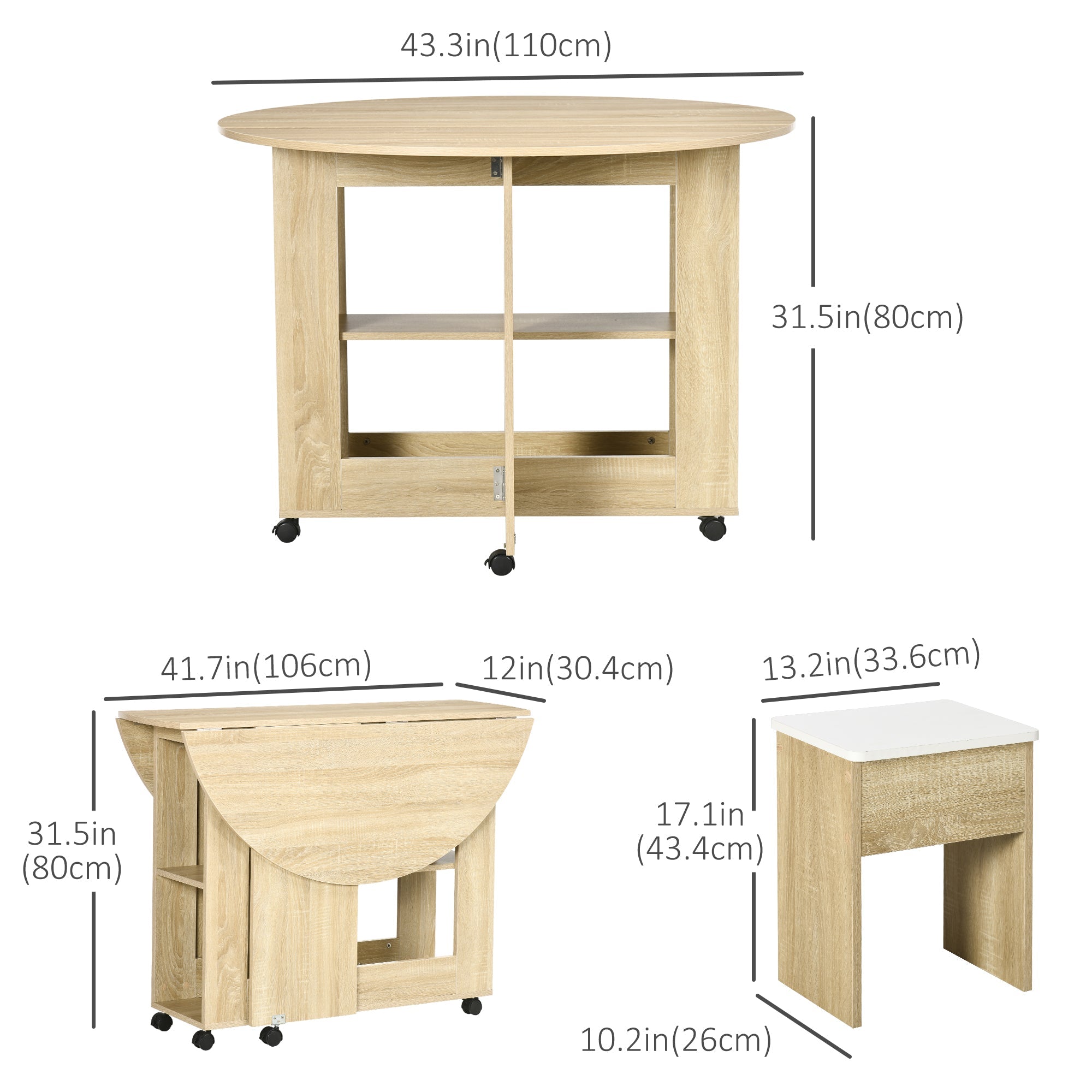 5 Pieces Dining Table Set, Kitchen Table and Chairs for 4 with Drop Leaf Table on Wheels, Stools, Storage, Oak Bar Sets   at Gallery Canada