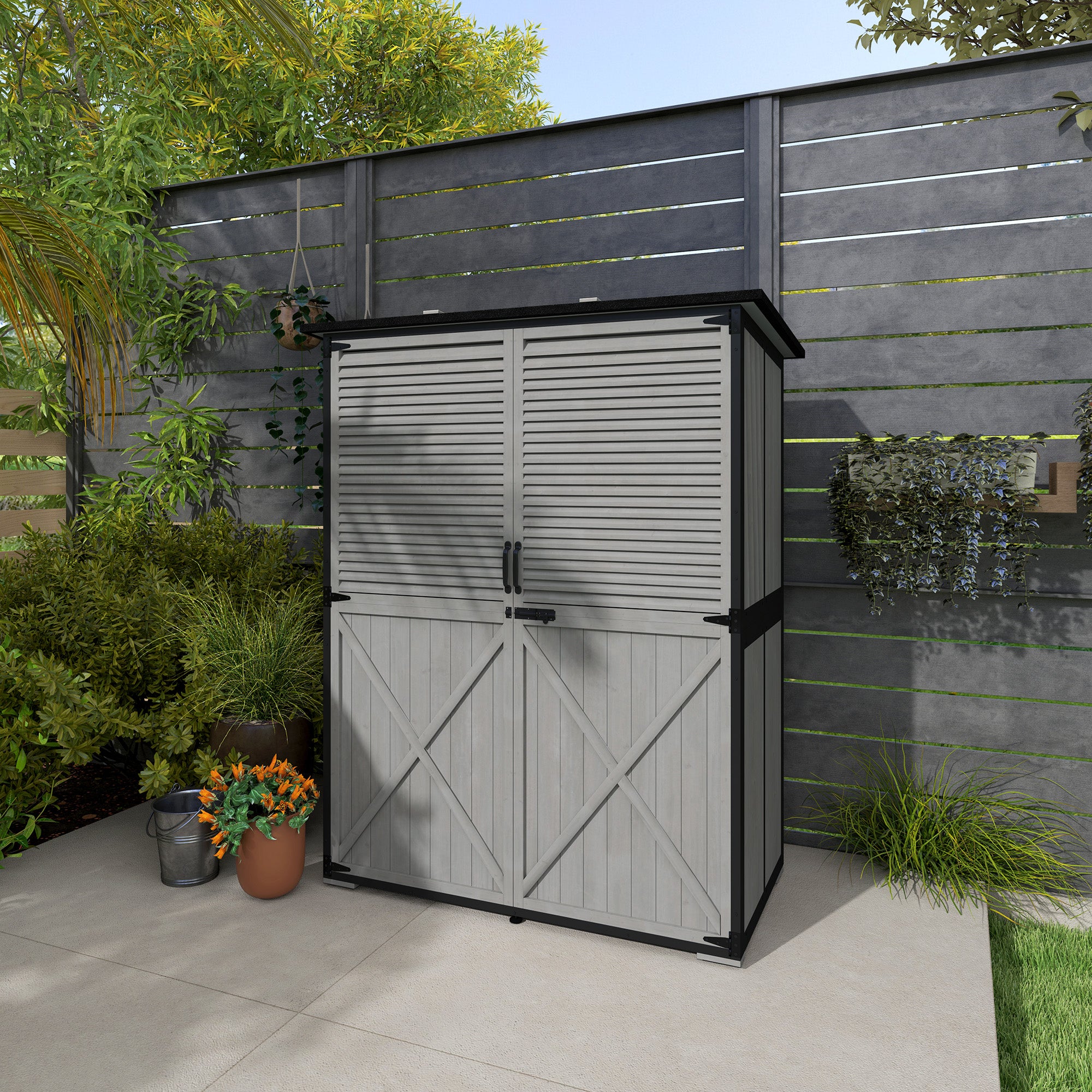 Outdoor Storage Cabinet, Wood Garden Shed with Steel Frame, Asphalt Roof, 2 Shelves and Lockable Doors, Grey Sheds at Gallery Canada