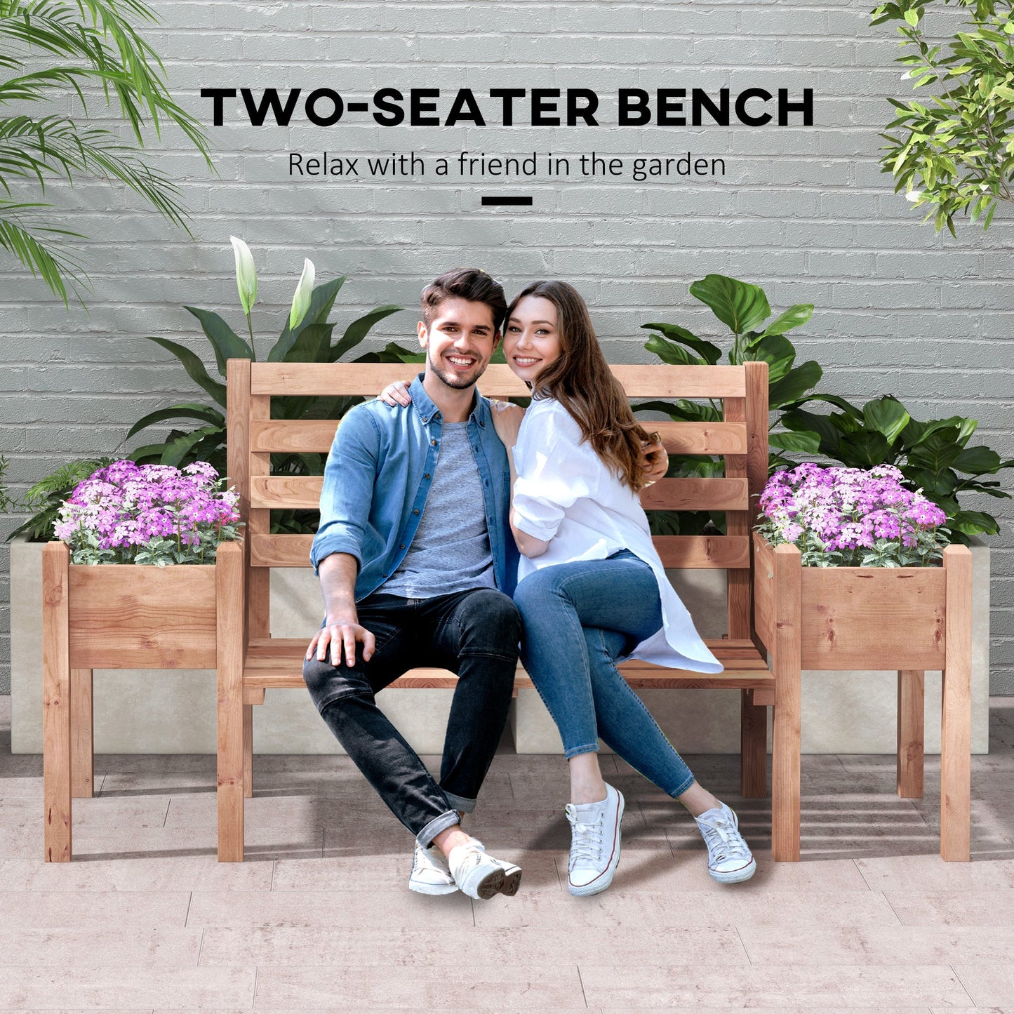 Wood Outdoor Bench with Planter Boxes 2-Seater Garden Bench with Slat Seat and Back Dark Brown Outdoor Benches   at Gallery Canada