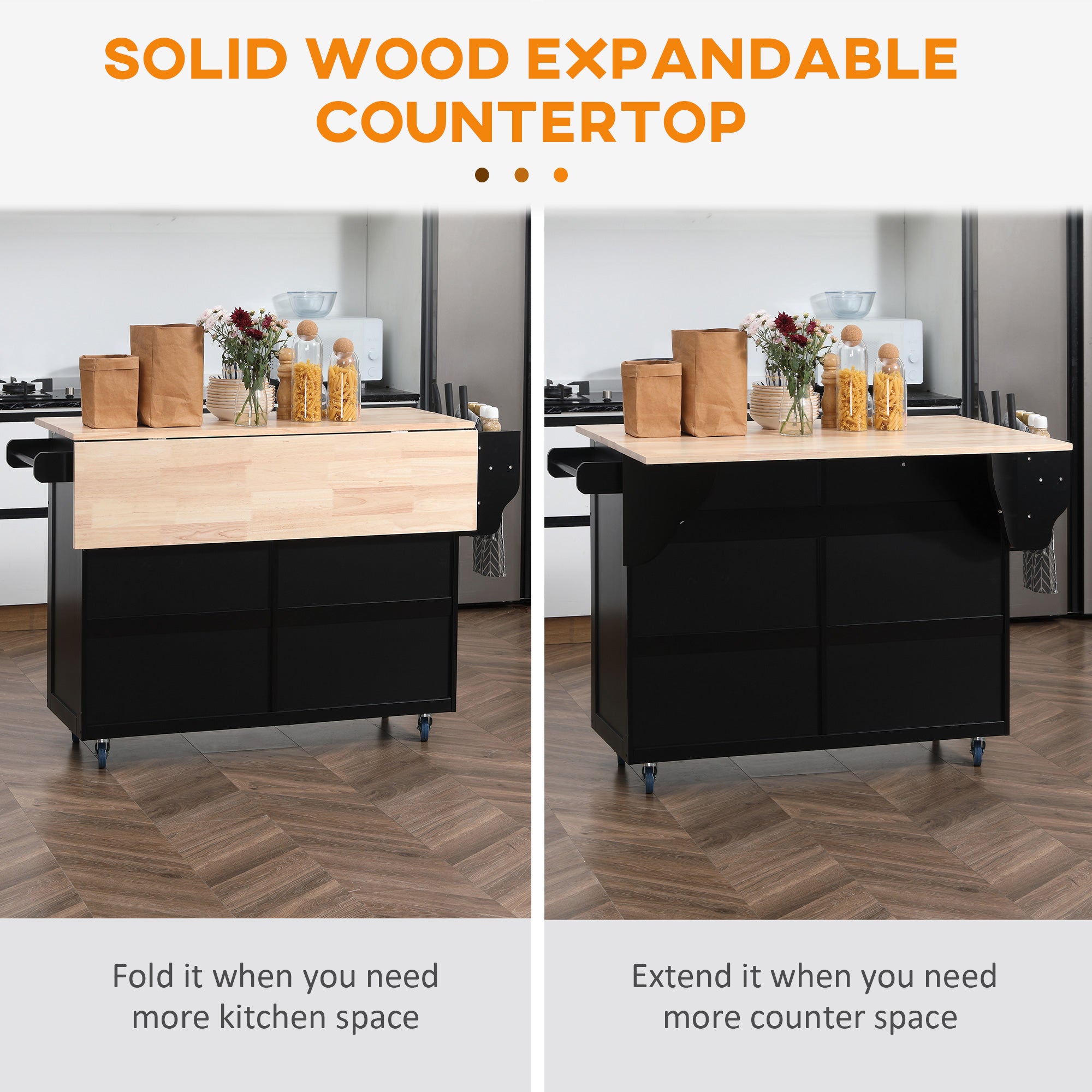 Kitchen Island with Storage, Rolling Kitchen Island with Drop Leaf, Rubber Wood Top and Adjustable Shelves, Black Kitchen Islands & Kitchen Carts at Gallery Canada