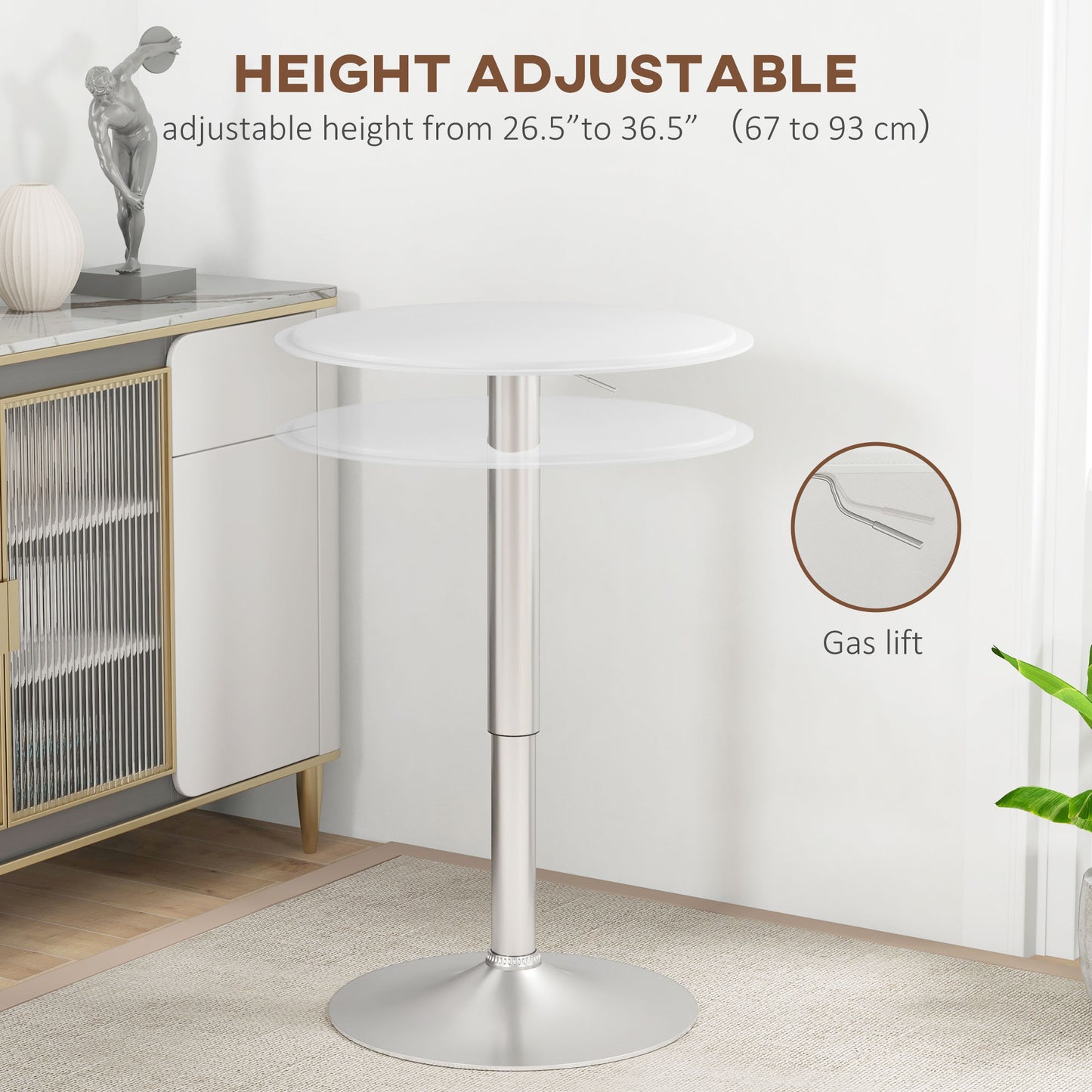 Modern Round Bar Table Adjustment Height Home Pub Bistro Desk Faux Leather Covered Wooden Top Chrome Base White Bar Tables & Dining Tables   at Gallery Canada