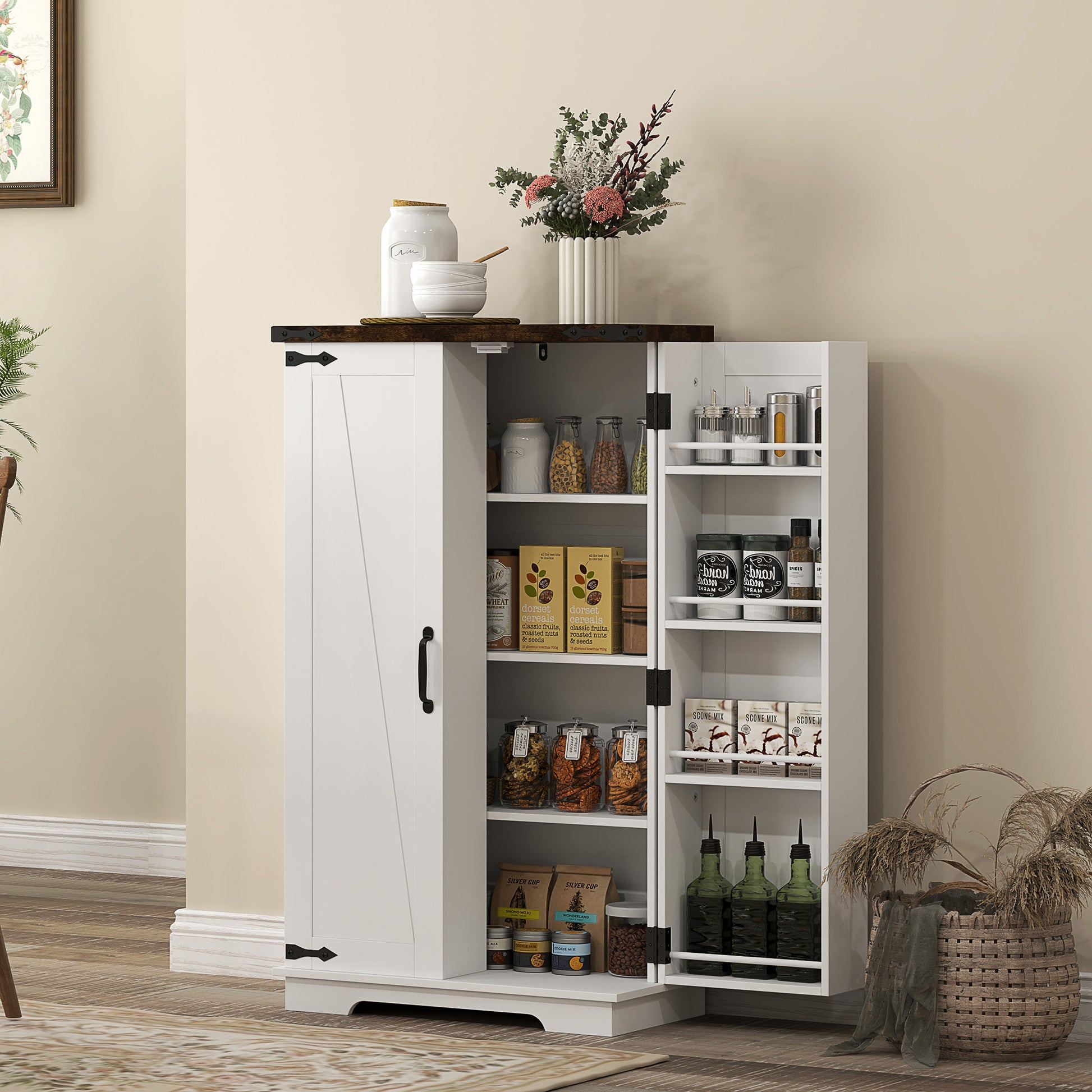 Farmhouse Kitchen Pantry Storage Cabinet, Kitchen Pantry Cabinet with Doors and Adjustable Shelves, White Kitchen Pantry Cabinets at Gallery Canada