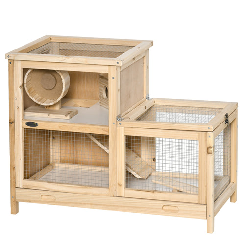 Wooden Hamster Cage, Mice Rodent Small Animals Kit Hutch, 2 Tiers Exercise Play House, with Sliding Tray, Ladder, Seesaw, Running Wheel, Openable Roofs, 31