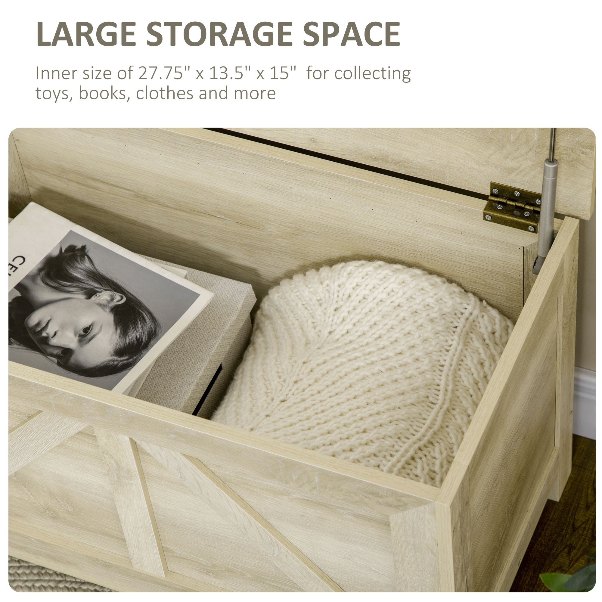 Storage Trunk Box Organizer with Farmhouse Panel Safety Hinge to Open Up 150° Light Oak Storage Cabinets   at Gallery Canada