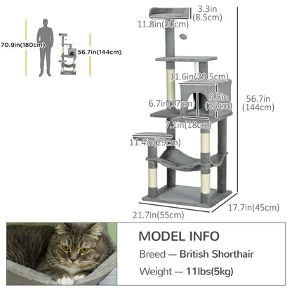 Tall Cat Tree for Indoor Cats, 57" Multi-Level Cat Tower with Hammock, Cat Bed, Cat Condo with Sisal Scratching Posts, Grey Cat Towers   at Gallery Canada