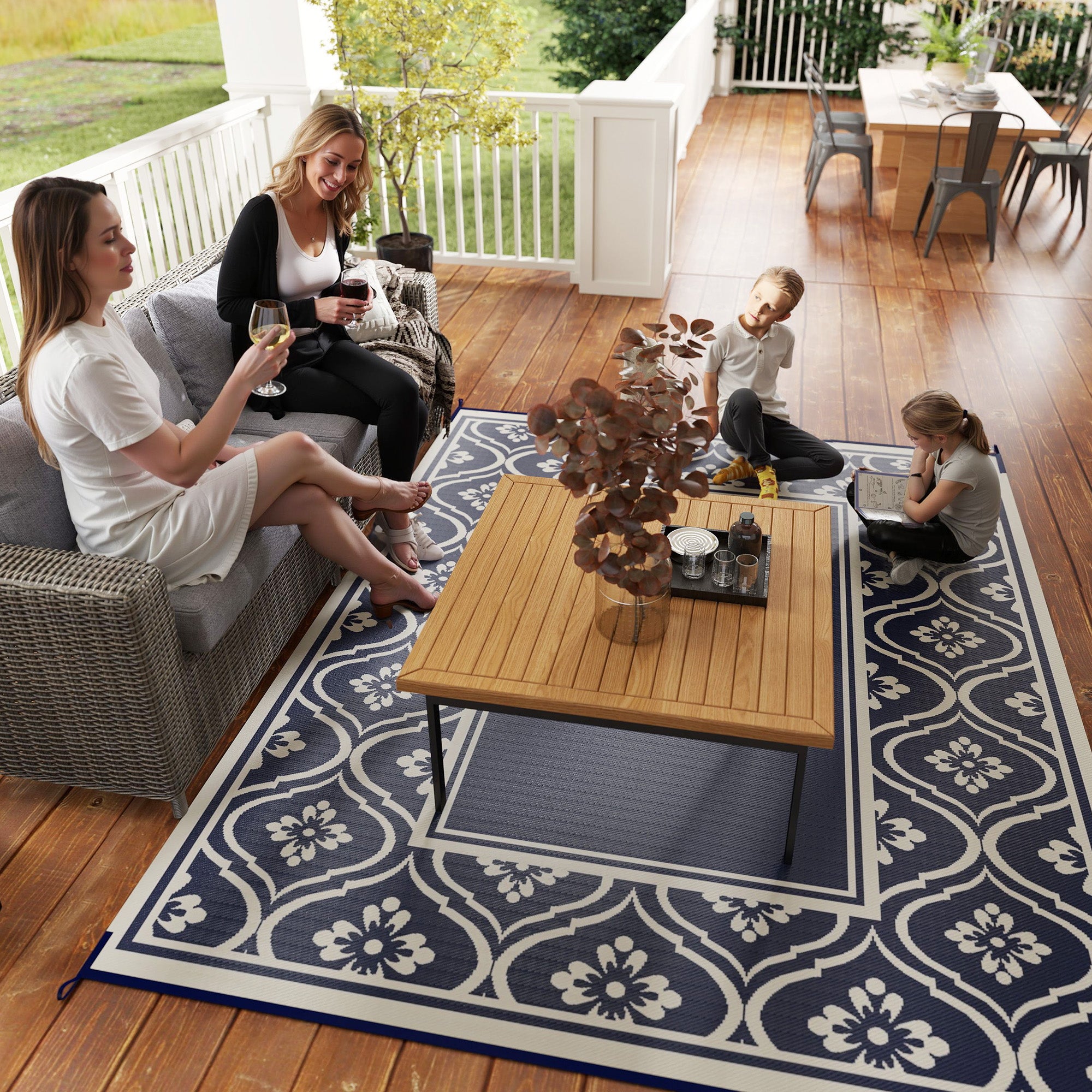 8' x 10' Outdoor RV Rug, Reversible Patio Floor Mat with Carry Bag, Gourd Border, Blue and White Garden Decor at Gallery Canada