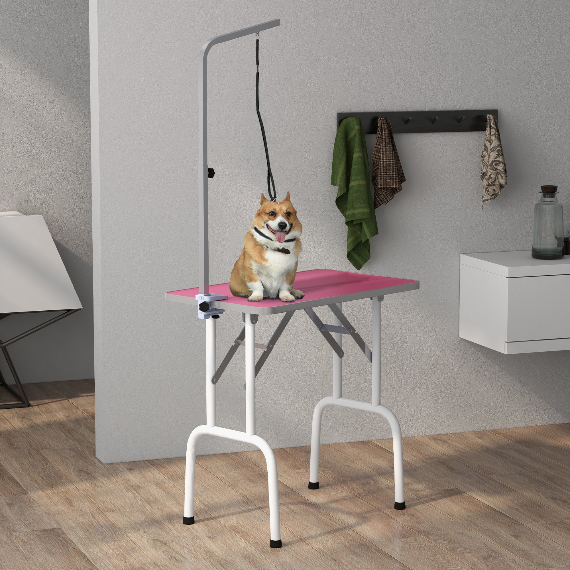 Foldable Pet Grooming Table for Dogs Cats with Adjustable Arm, Non-slip Surface, Pink Dog Grooming Tables at Gallery Canada