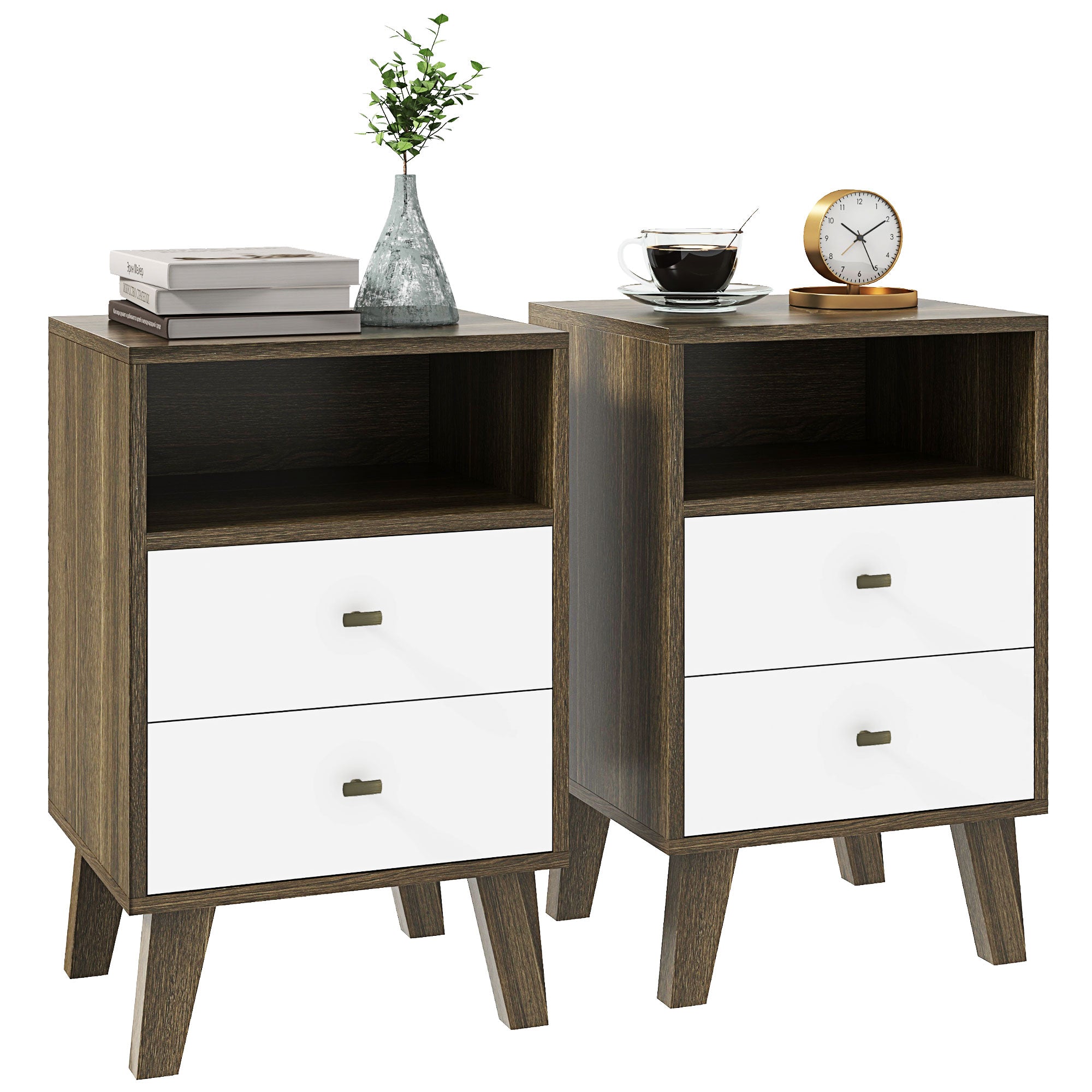 Nightstand Set of 2, Modern Bedside Table, Night Stand for Living Room with 3 Drawers and Open Storage, Grey Bedside Tables   at Gallery Canada