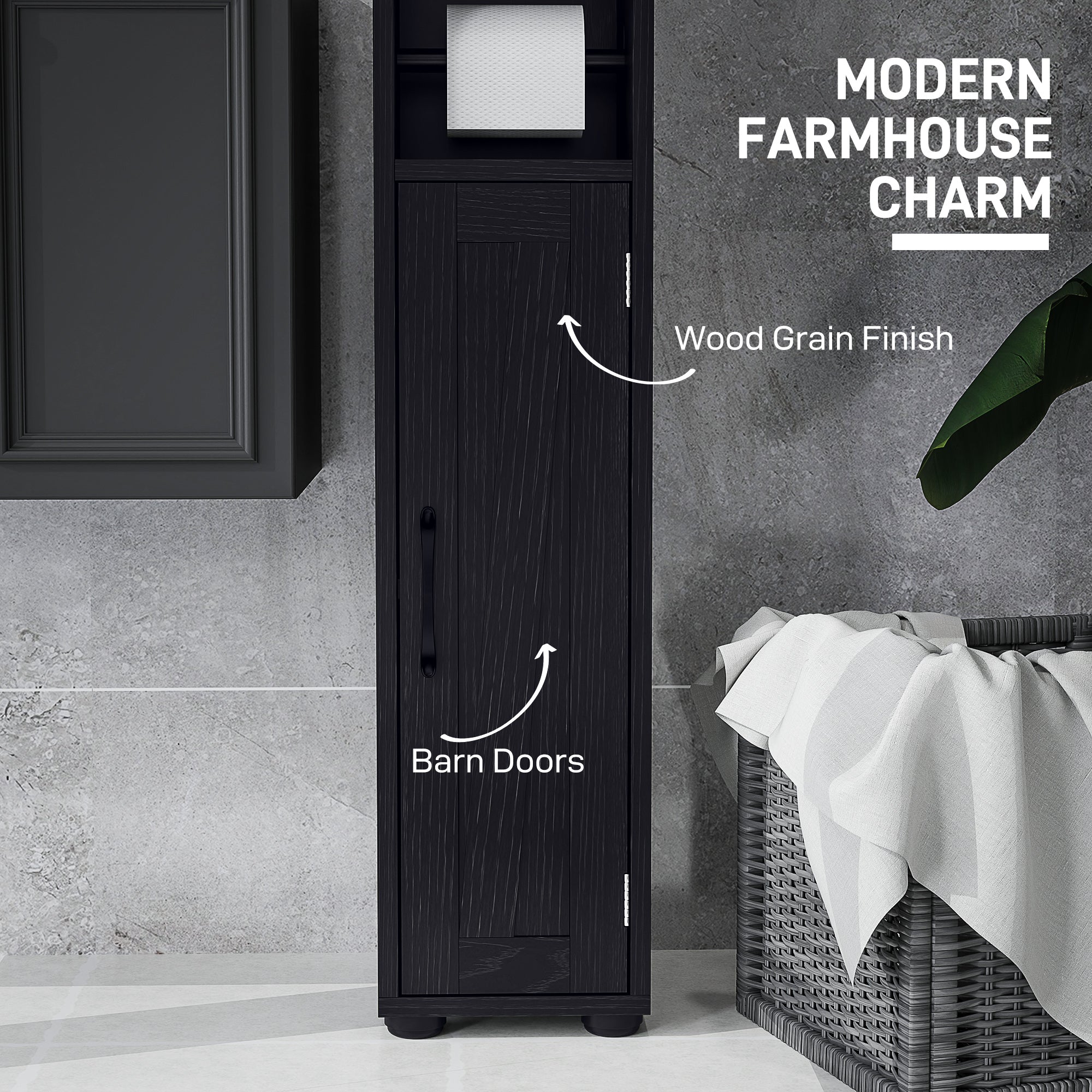 Narrow Bathroom Cabinet, Tall Bathroom Storage Cabinet with Barn Doors, Drawer and Adjustable Shelves, Black Wood Grain Bathroom Cabinets at Gallery Canada