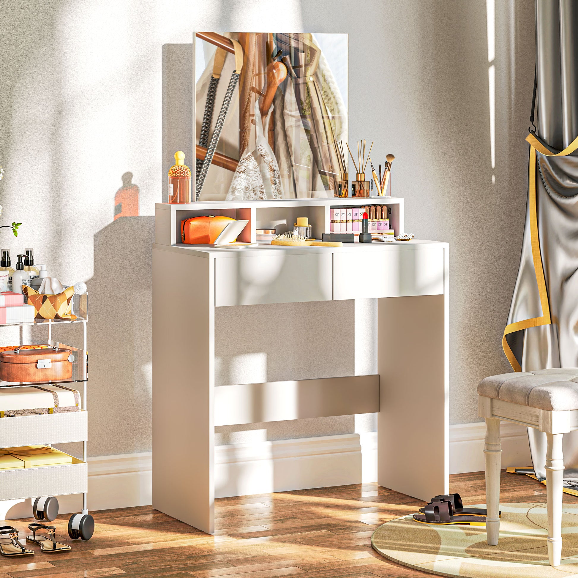 Makeup Vanity Desk with Mirror, for Bedroom, Modern Dressing Table with Drawers, Compartments, White Dressing & Vanity Tables   at Gallery Canada