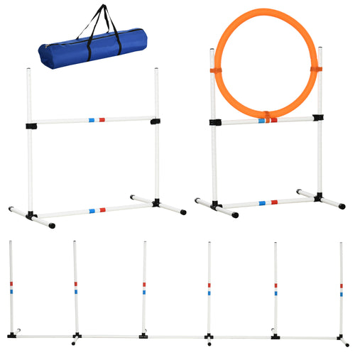3 Piece Dog Agility Training Equipment for Indoor &; Outdoor, Dog Agility Equipment Set with High Jump, Jumping Ring, Weave Poles, Storage Bag, Withe, Blue and Orange