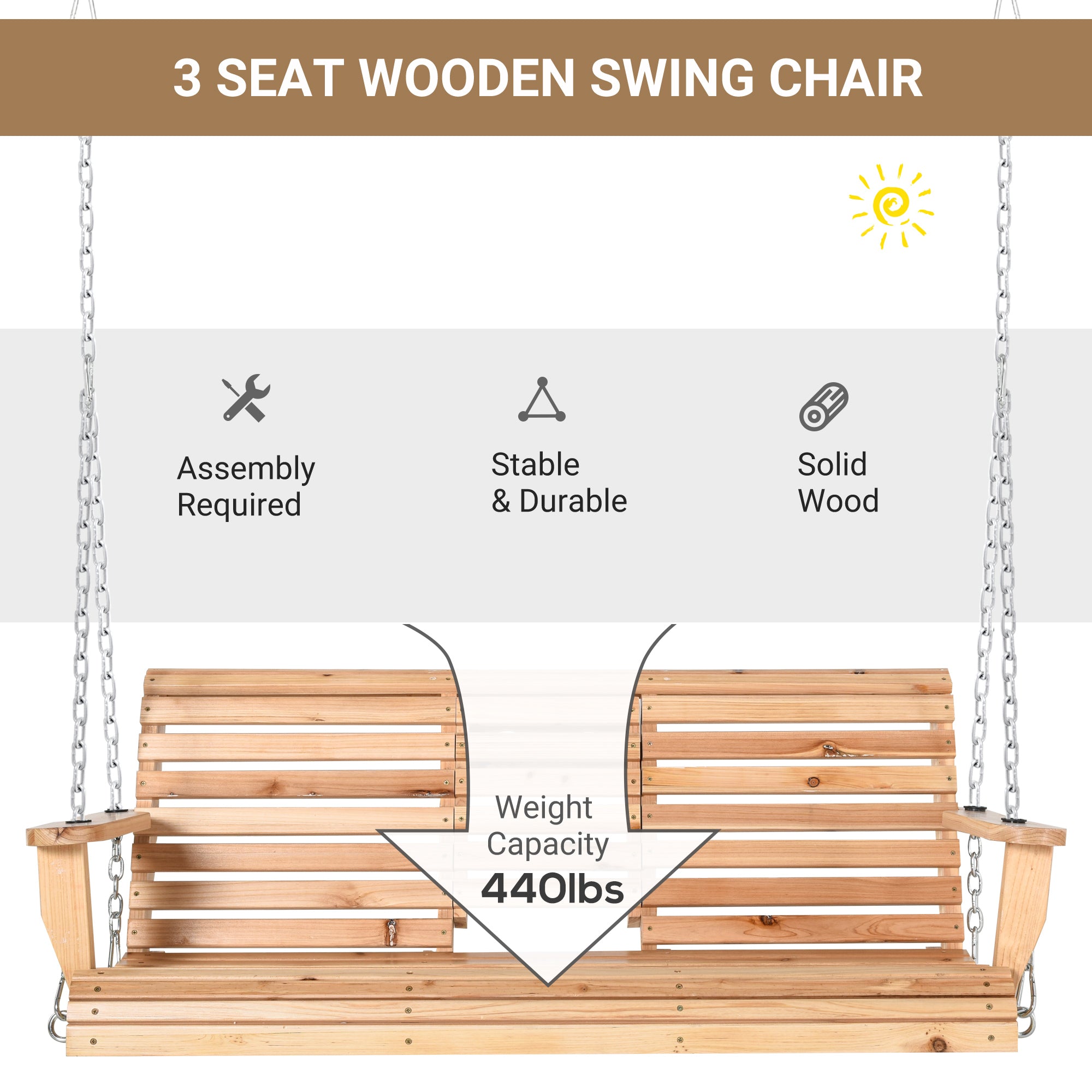 3 Seater Patio Swing Chair Wood Porch Swing with Foldable Table, Cup Holders, Steel Chains for Garden, Yard, Natural Hanging Porch Swings at Gallery Canada
